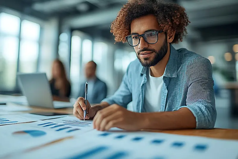 Man with papers all around him at a desk researching